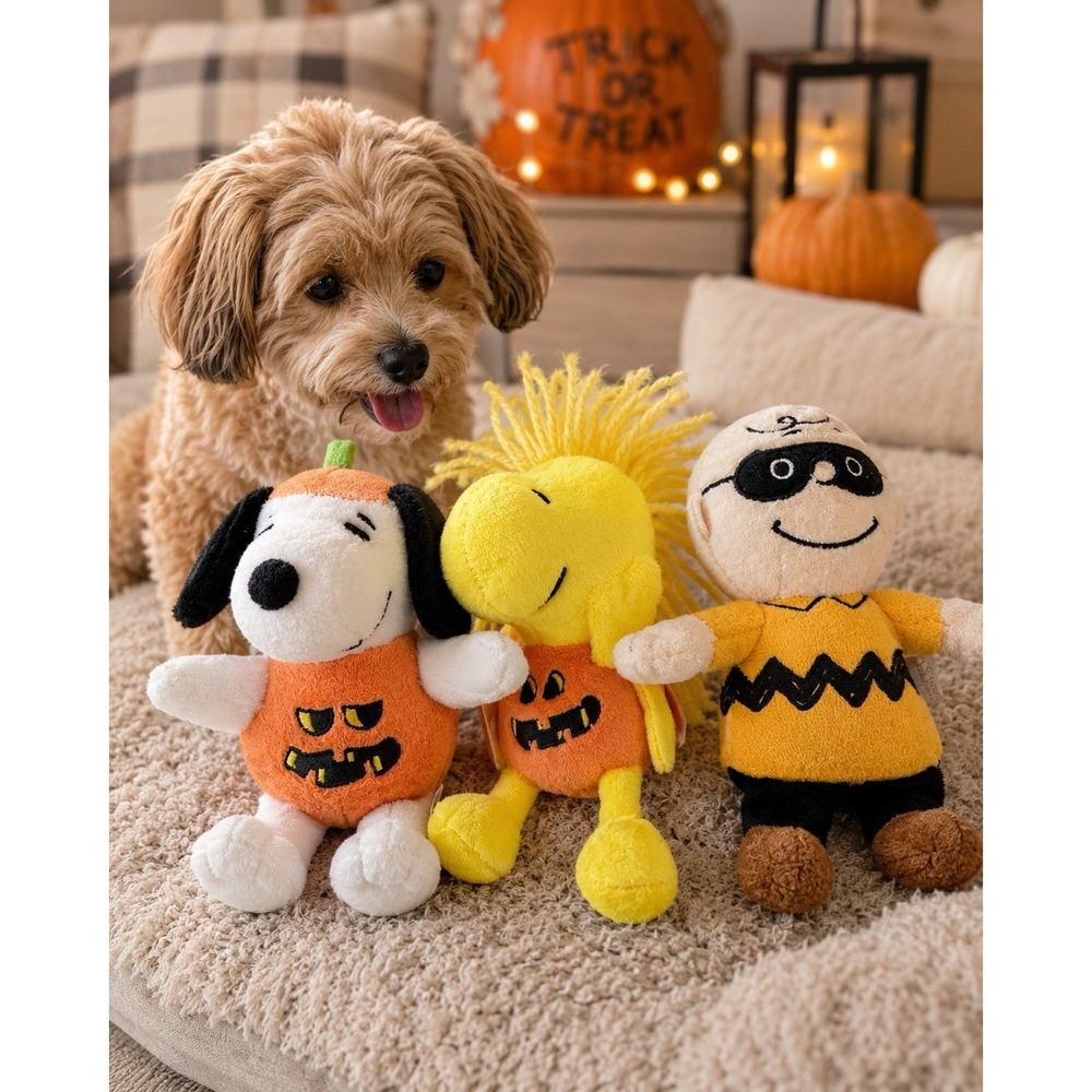 Peanuts Halloween Dog Toys 3pc Snoopy Woodstock Charlie Brown 6” Squeaky Plush